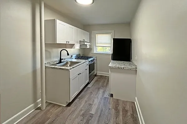 a kitchen with a sink appliances and cabinets