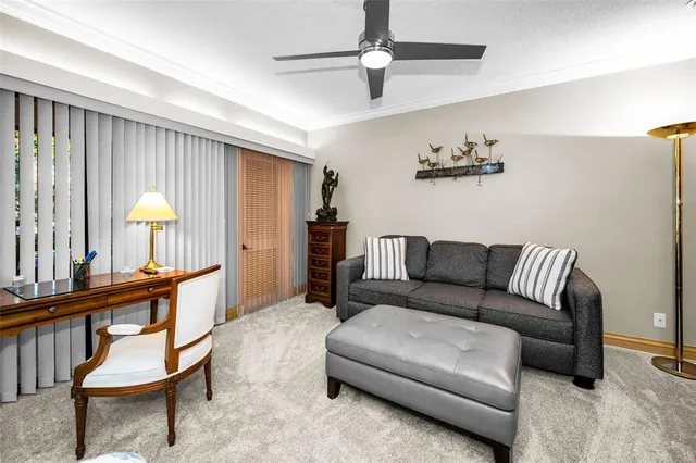 a view of a hallway with wooden shelves