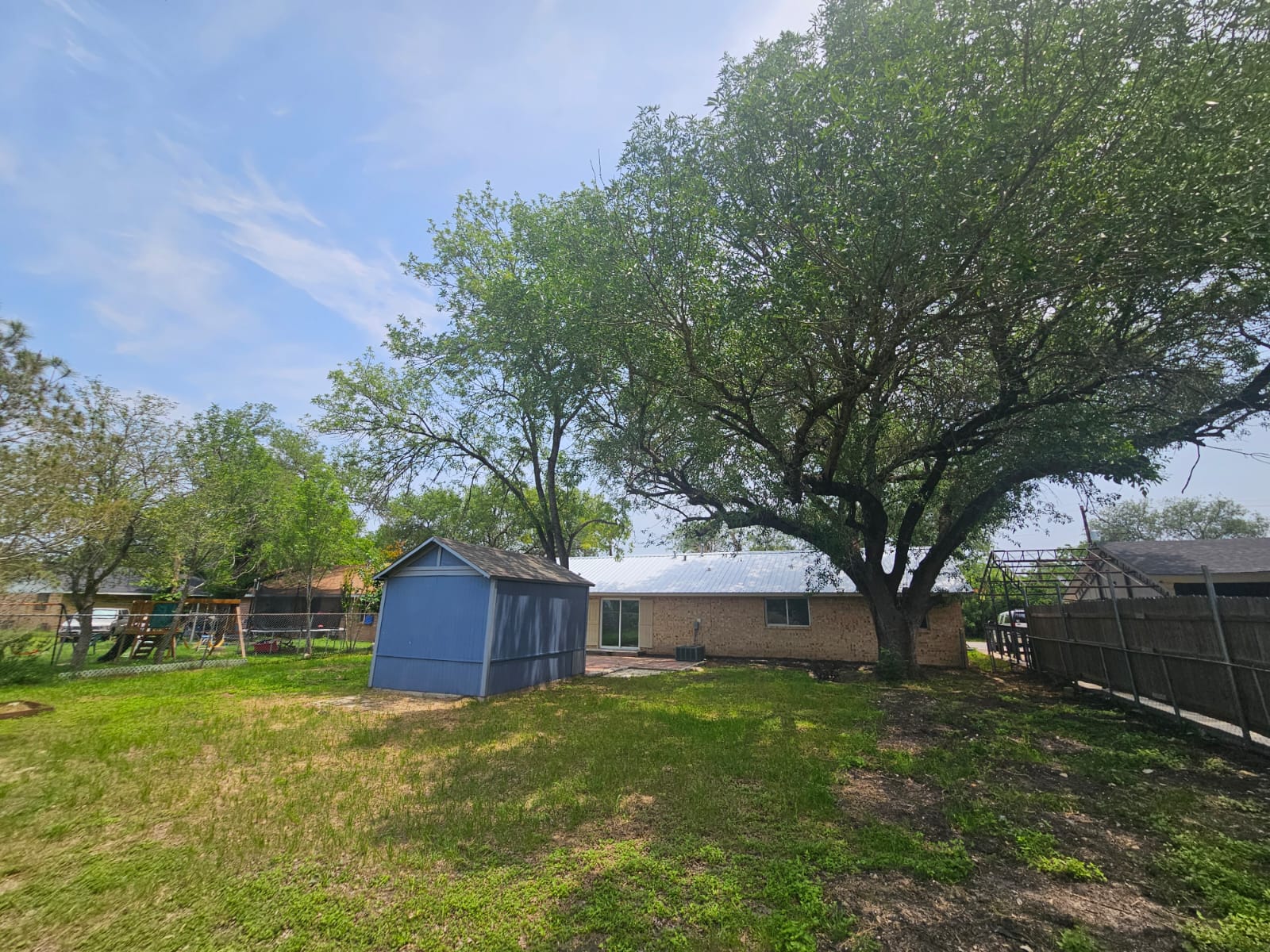 1401 Trinity Street Lockhart, TX 78644 - Photo 31 of 31 Expansive grassy yard featuring a prominent mature tree, a blue shed, and a privacy fence