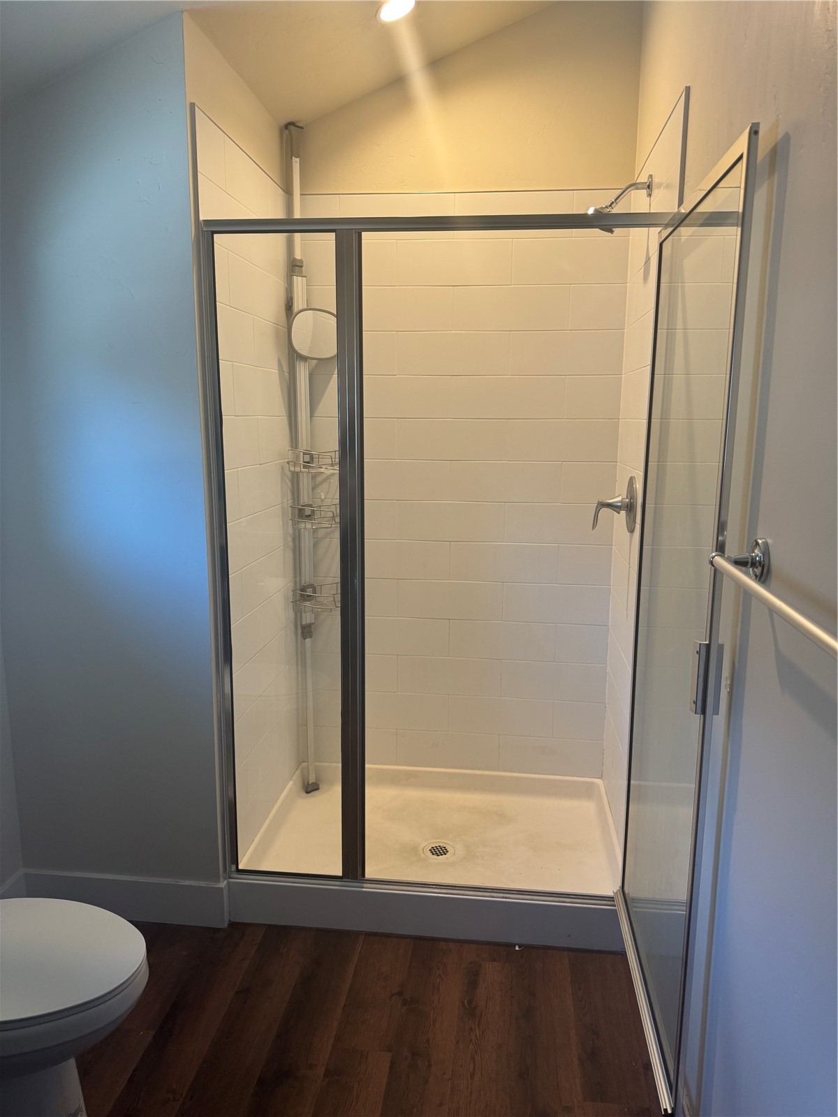 55 Ermine Road Dillon, CO 80435 - Photo 13 of 16 Bathroom with hardwood / wood-style floors, an enclosed shower, and toilet