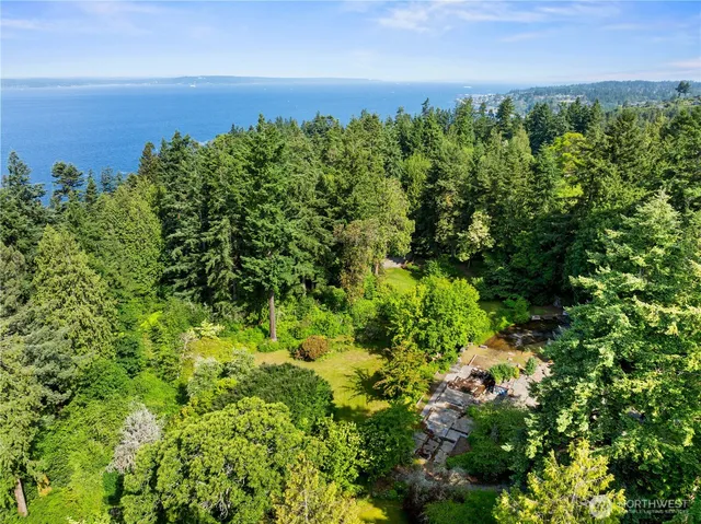 an aerial view of a houses with a yard