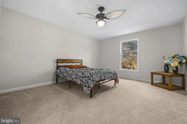 a bedroom with a large bed couch and a window