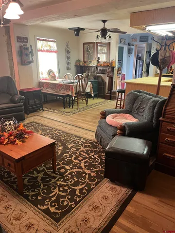 a living room with furniture and a rug