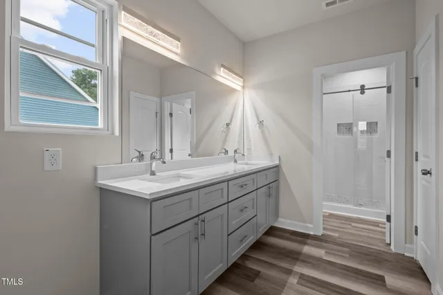 a view of a room with a large window