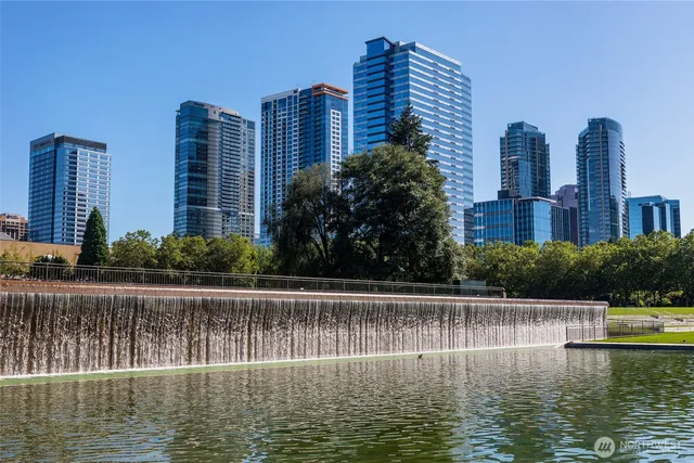 a view of a lake with tall buildings