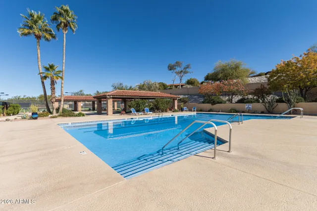 a view of a swimming pool with a lounge chair