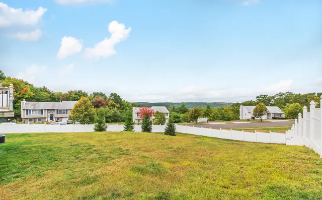 a view of a house with a yard and potted plants