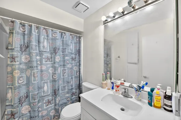 a bathroom with a sink a toilet and shower curtain