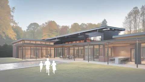 a front view of a house with a yard and seating space