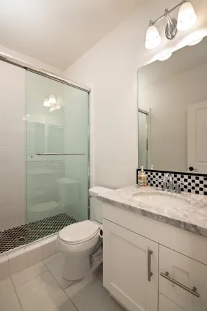 a bathroom with a sink a toilet and shower