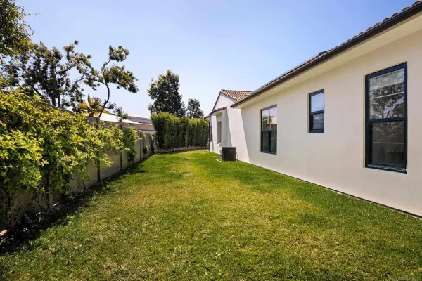a view of a backyard with plants and large trees