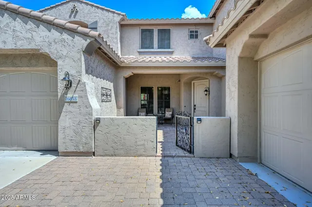 a building outdoor space with patio furniture