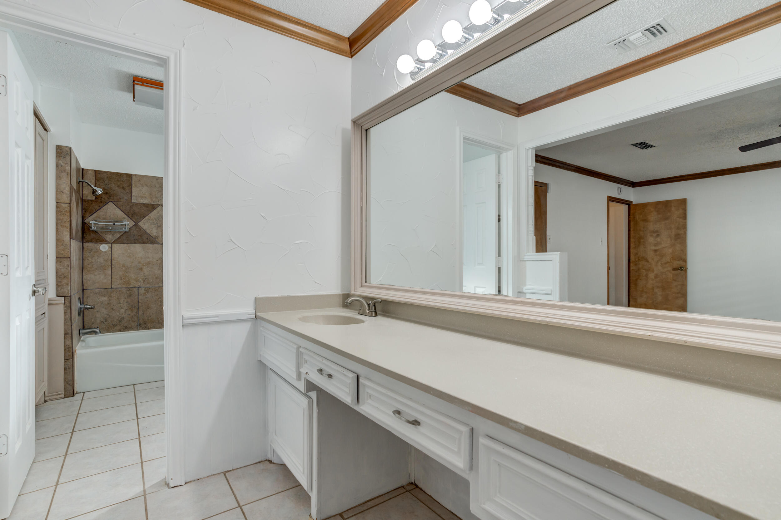 5504 73rd Street Lubbock, TX 79424 - Photo 28 of 39 a bathroom with a sink a vanity and a mirror