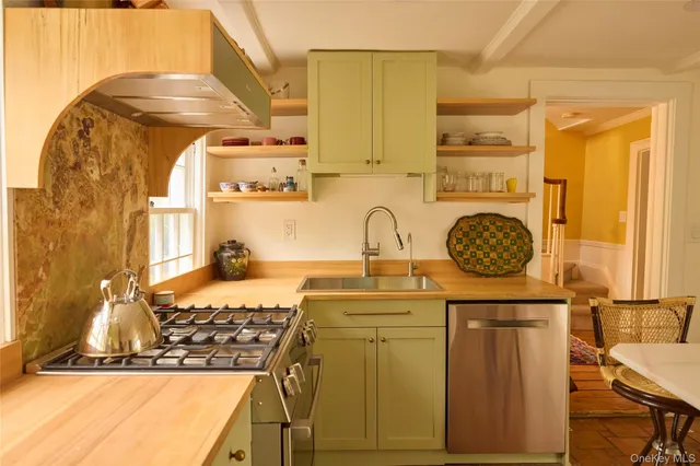 a kitchen with a sink a stove and wooden cabinets