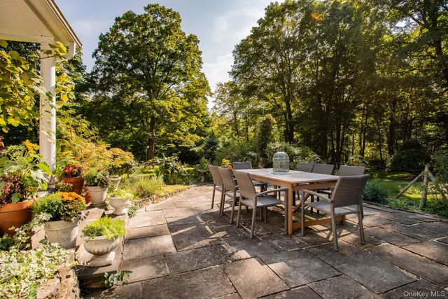 a view of a patio with table and chairs and potted plants