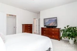 a bedroom with a bed and a potted plant