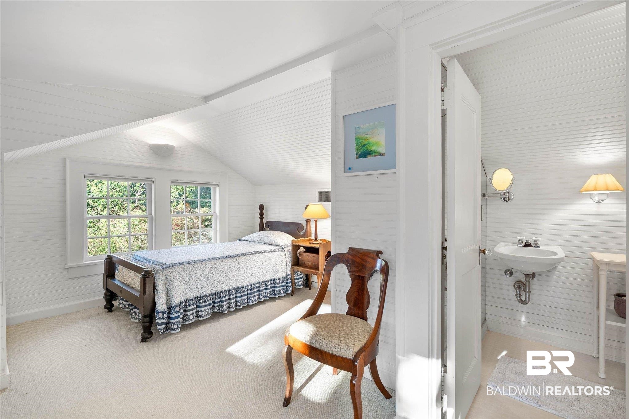 2 Westgate Road Mobile, AL 36608 - Photo 35 of 63 Bedroom with wood walls, vaulted ceiling, and light carpet
