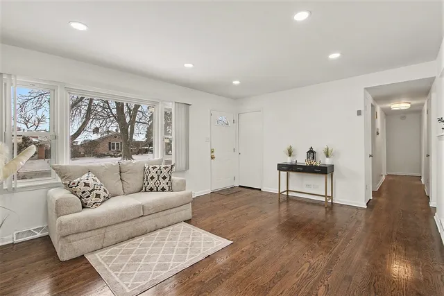 a living room with furniture and a potted plant with wooden floor