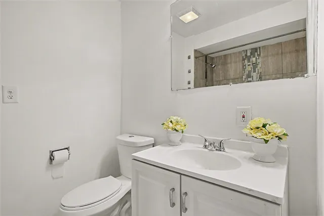 a bathroom with a sink mirror vanity and toilet