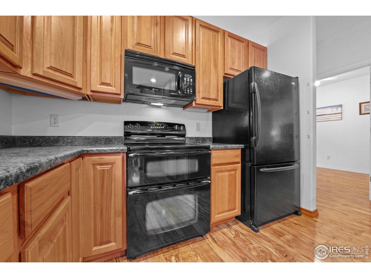 339 Cedar Drive Lyons, CO 80540 - Photo 17 of 37 a kitchen with stainless steel appliances granite countertop a refrigerator microwave and stove