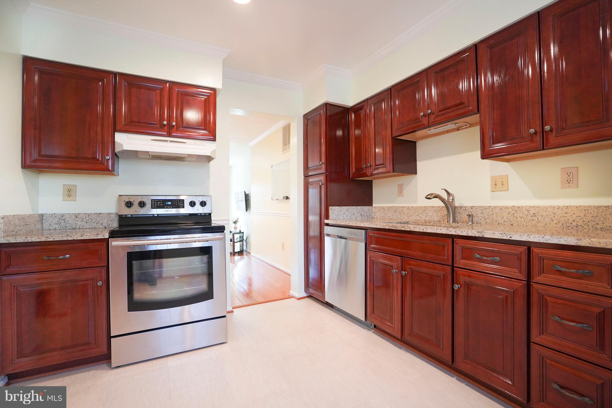 8836 Surveyors Place Springfield, VA 22152 - Photo 6 of 48 a kitchen with granite countertop wooden cabinets stainless steel appliances and a sink