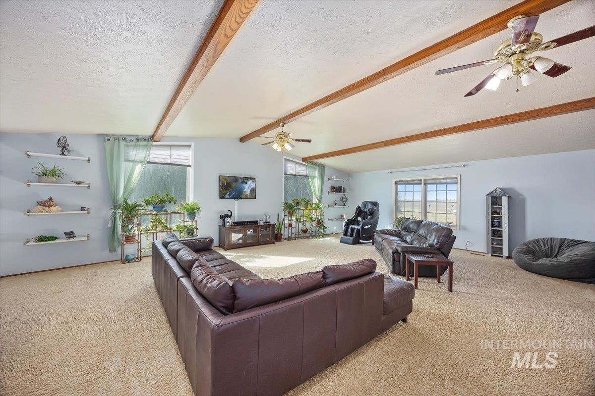 173 Main Line Ranch Road Rupert, ID 83350 - Photo 2 of 47 Living room featuring light colored carpet, a ceiling fan, plenty of natural light, and a textured ceiling