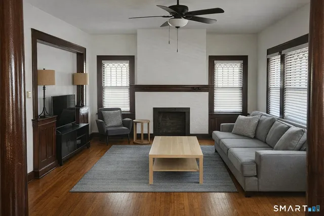 a living room with furniture and a fireplace