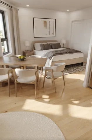 a view of a dining room with furniture