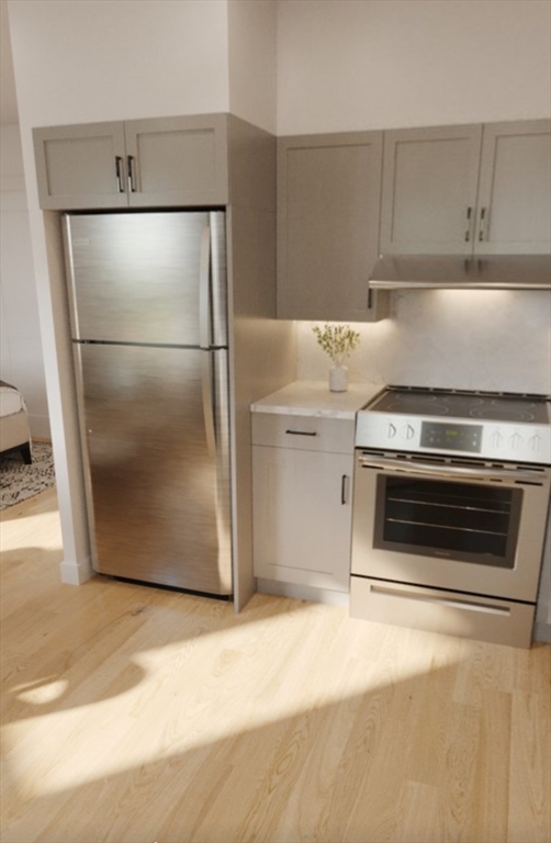 272 Talbot Avenue, Unit 203 Boston, MA 02124 - Photo 8 of 12 a kitchen with a refrigerator stove and cabinets