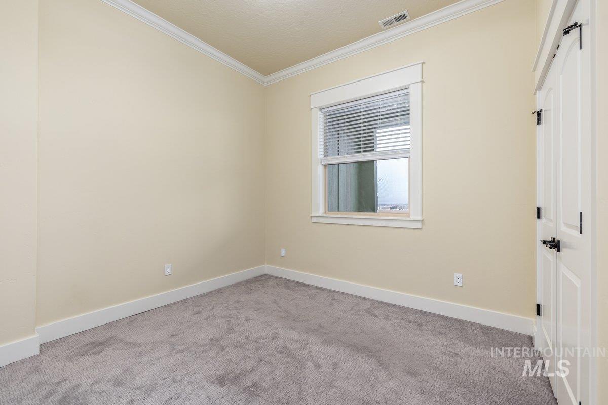 5990 West View Drive Meridian, ID 83642 - Photo 34 of 50 Unfurnished bedroom with carpet flooring, ornamental molding, a barn door, and a textured ceiling