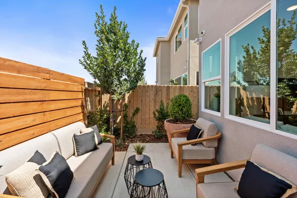 a view of a patio with couches chairs and a potted plant