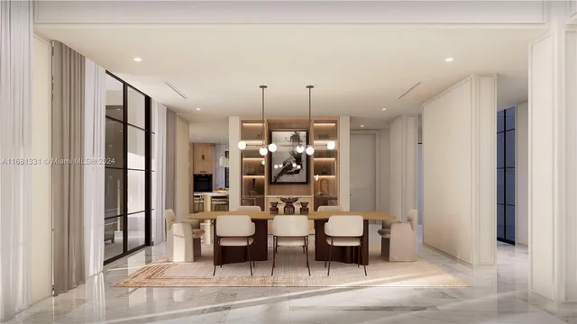 a view of kitchen with dining area and refrigerator