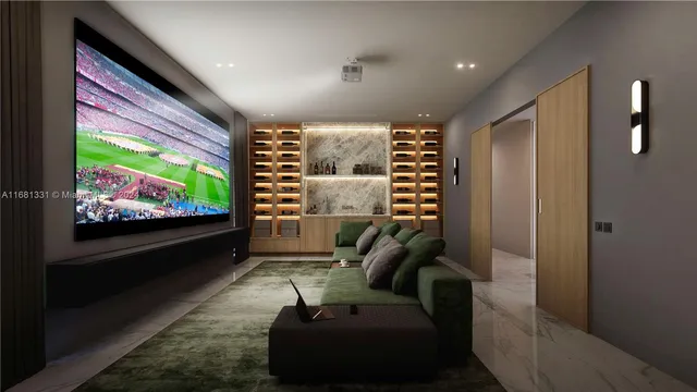 a room with furniture projector and screen