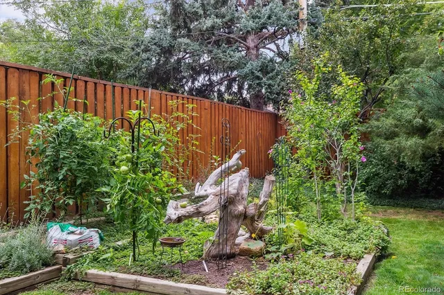 a view of a chairs and table in a backyard