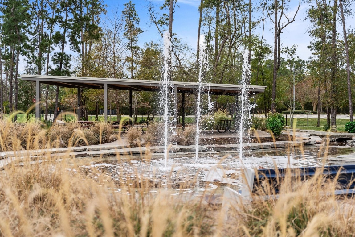106 Amber Jade Court Conroe, TX 77304 - Photo 44 of 50 a backyard of a house with lots of green space and fountain