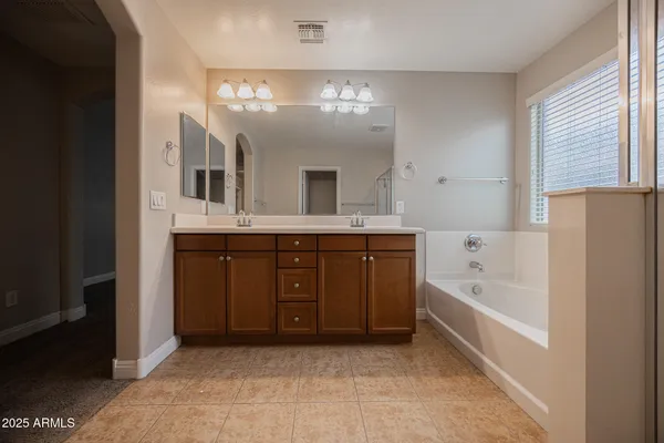 a bathroom with a tub a double vanity sink and a mirror