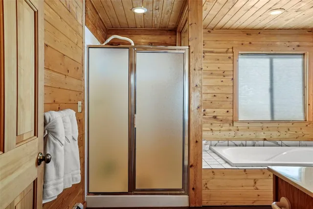 a bathroom with a shower and a mirror