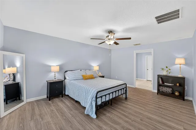 an aerial view of a house with a garden