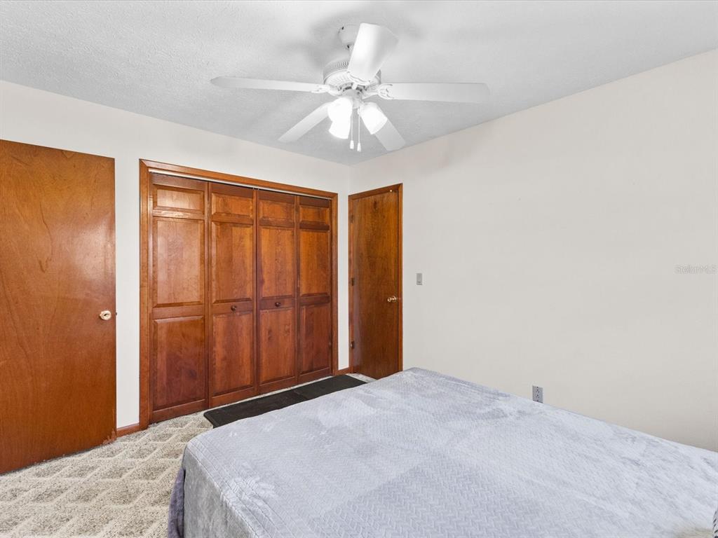 10700 Luscombe Court New Port Richey, FL 34654 - Photo 26 of 64 a bedroom with a large bed and a chandelier fan
