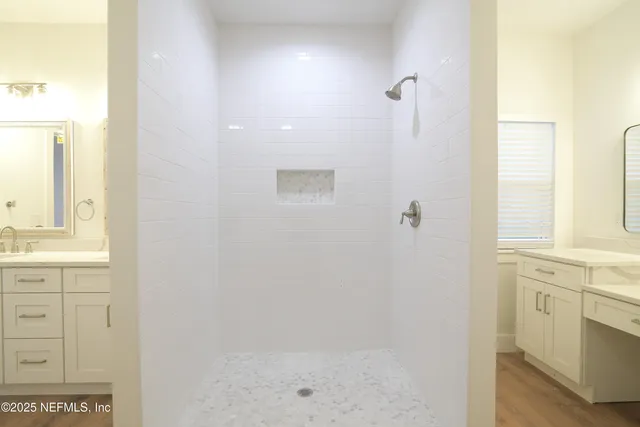 a bathroom with a sink and a shower