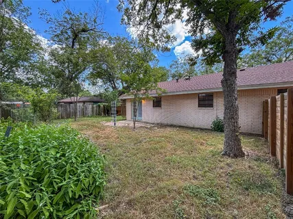 a backyard of a house with plants and large tree
