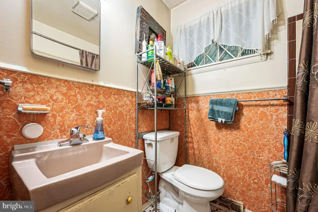 a bathroom with a sink a toilet and mirror