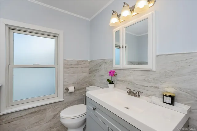 a bathroom with a sink toilet vanity and mirror