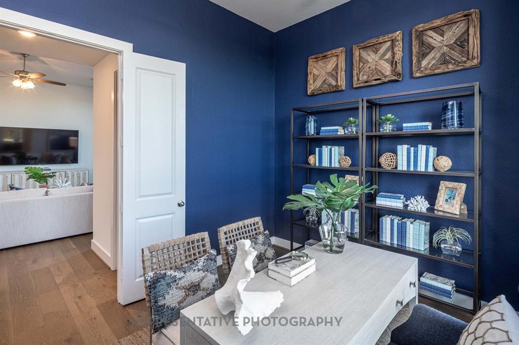 4022 Windy Point Court Oak Point, TX 75068 - Photo 17 of 33 Office area featuring dark wood-style floors and a ceiling fan