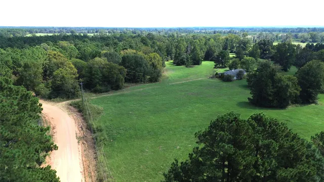 a view of a green field with trees in the background