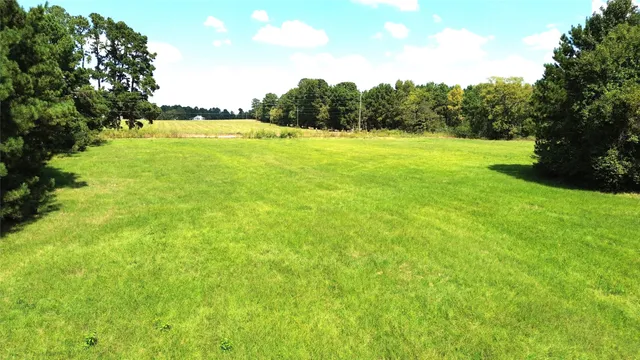 a view of a field with a trees in the background