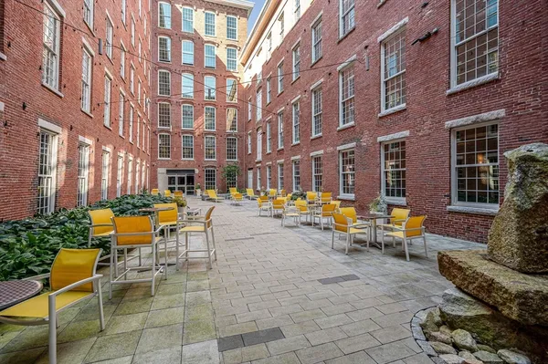 a view of a building with dining area