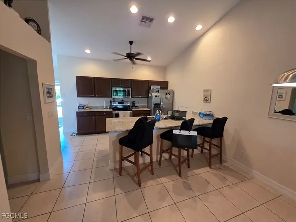a view of a dining room with furniture