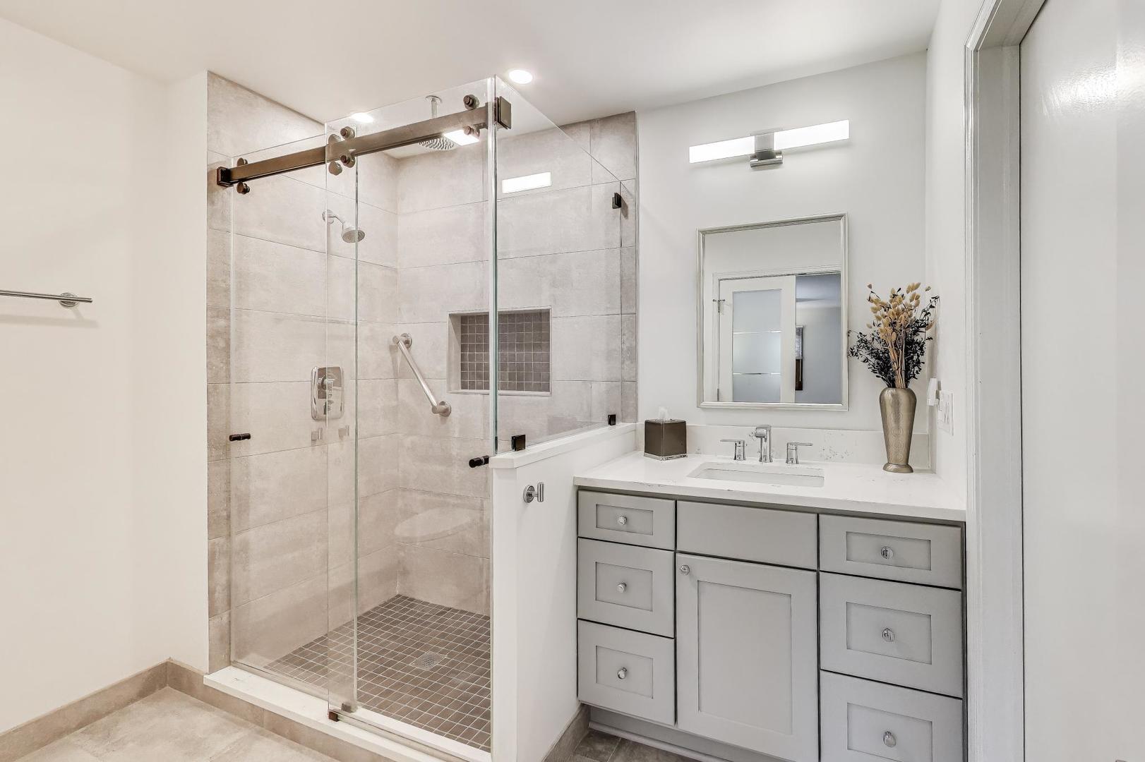 645 Ridge Road Highland Park, IL 60035 - Photo 17 of 32 a bathroom with a shower sink vanity granite and a mirror