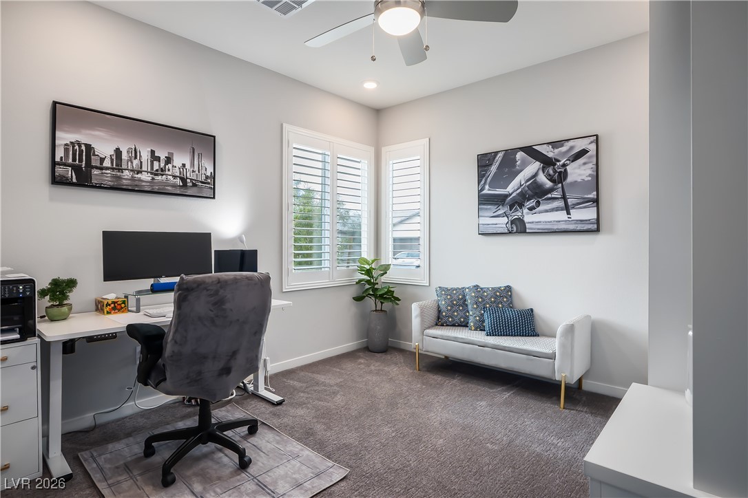 3018 Bounding Home Road North Las Vegas, NV 89086 - Photo 27 of 43 Office area featuring dark carpet and a ceiling fan